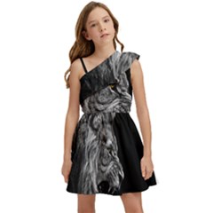 Roar Angry Male Lion Black Kids  One Shoulder Party Dress by Mog4mog4