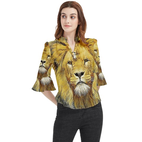 Lion Lioness Wildlife Hunter Loose Horn Sleeve Chiffon Blouse by Mog4mog4