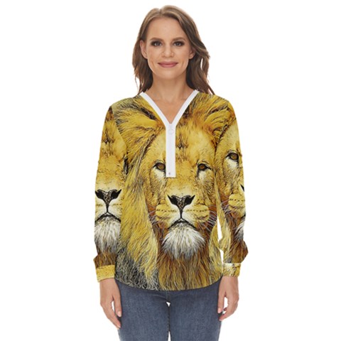 Lion Lioness Wildlife Hunter Zip Up Long Sleeve Blouse by Mog4mog4