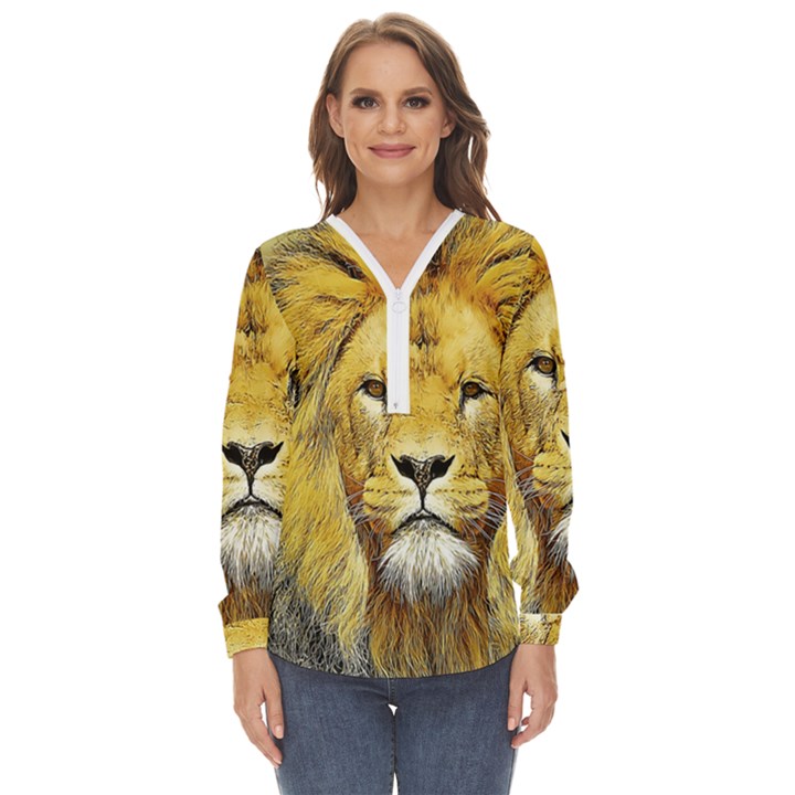 Lion Lioness Wildlife Hunter Zip Up Long Sleeve Blouse