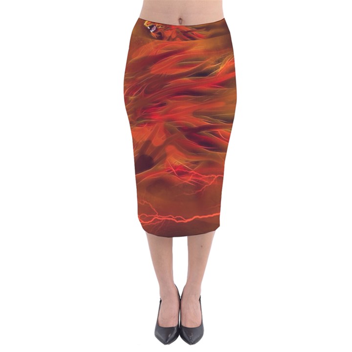 Fire Lion Flames Light Mystical Dangerous Wild Velvet Midi Pencil Skirt