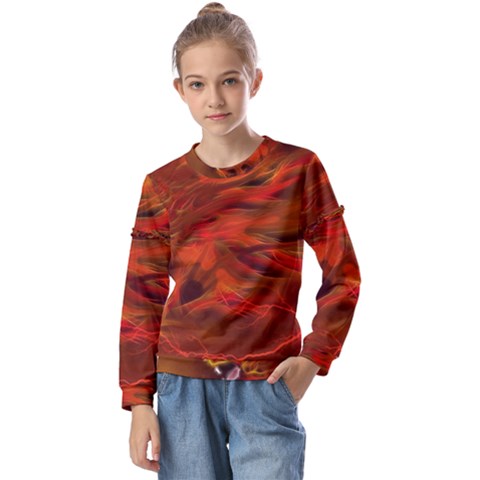 Fire Lion Flames Light Mystical Dangerous Wild Kids  Long Sleeve Tee With Frill  by Mog4mog4