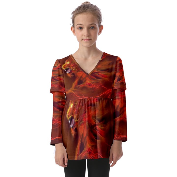 Fire Lion Flames Light Mystical Dangerous Wild Kids  V Neck Casual Top