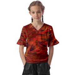 Fire Lion Flames Light Mystical Dangerous Wild Kids  V-neck Horn Sleeve Blouse by Mog4mog4