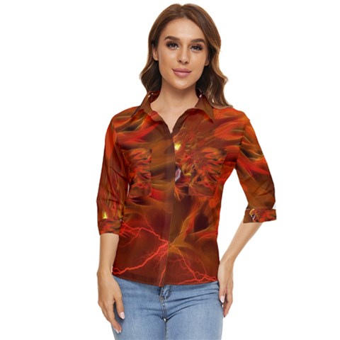 Fire Lion Flames Light Mystical Dangerous Wild Women s Quarter Sleeve Pocket Shirt by Mog4mog4