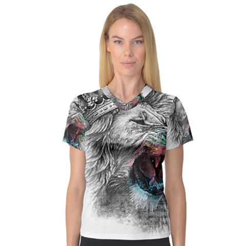 Lion King Head V-neck Sport Mesh Tee by Mog4mog4