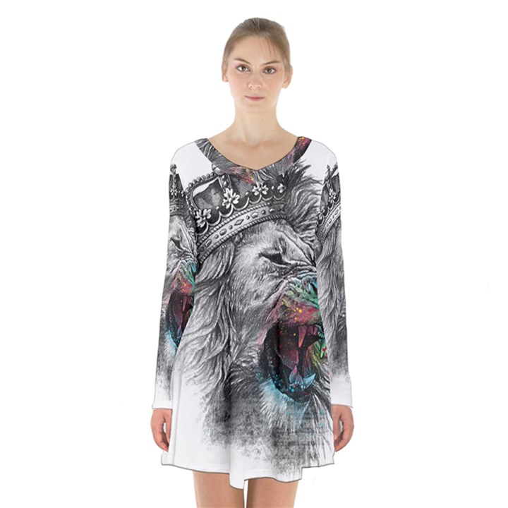 Lion King Head Long Sleeve Velvet V-neck Dress