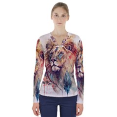 Lion Africa African Art V-neck Long Sleeve Top by Mog4mog4