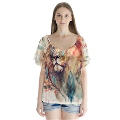 Lion Africa African Art V-neck Flutter Sleeve Top by Mog4mog4