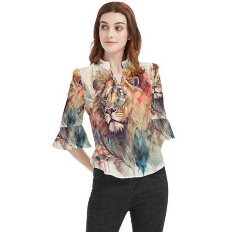 Lion Africa African Art Loose Horn Sleeve Chiffon Blouse by Mog4mog4