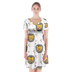 Lion Heads Pattern Design Doodle Short Sleeve V-neck Flare Dress by Mog4mog4