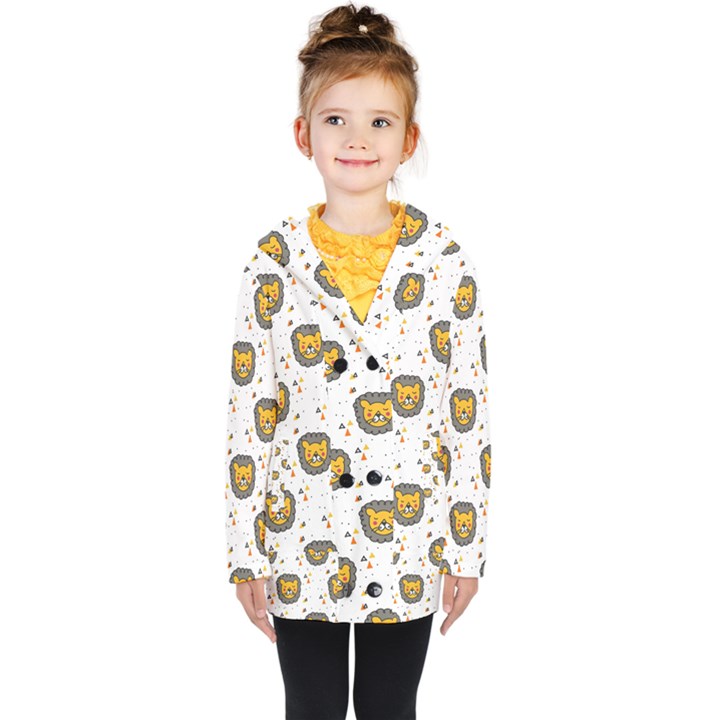 Lion Heads Pattern Design Doodle Kids  Double Breasted Button Coat