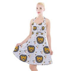 Lion Heads Pattern Design Doodle Halter Party Swing Dress  by Mog4mog4