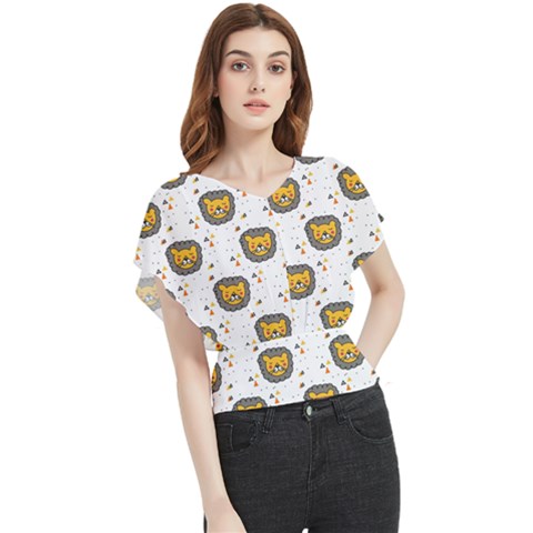 Lion Heads Pattern Design Doodle Butterfly Chiffon Blouse by Mog4mog4