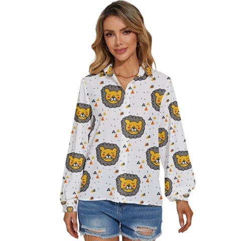 Lion Heads Pattern Design Doodle Women s Long Sleeve Button Up Shirt by Mog4mog4