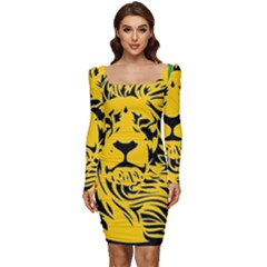 Lion Head Africa Rasta Women Long Sleeve Ruched Stretch Jersey Dress by Mog4mog4