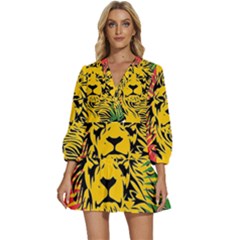 Lion Head Africa Rasta V-neck Placket Mini Dress by Mog4mog4