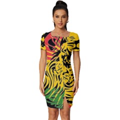 Lion Head Africa Rasta Fitted Knot Split End Bodycon Dress by Mog4mog4