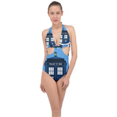 Doctor Who Tardis Halter Front Plunge Swimsuit by Mog4mog4