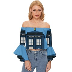 Doctor Who Tardis Off Shoulder Flutter Bell Sleeve Top by Mog4mog4