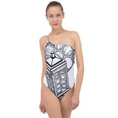 Bad Wolf Tardis Art Drawing Doctor Who Classic One Shoulder Swimsuit by Mog4mog4