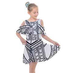 Bad Wolf Tardis Art Drawing Doctor Who Kids  Shoulder Cutout Chiffon Dress by Mog4mog4