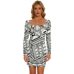 Bad Wolf Tardis Art Drawing Doctor Who Long Sleeve Square Neck Bodycon Velvet Dress by Mog4mog4