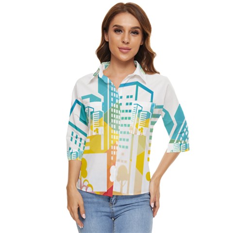 Silhouette Cityscape Building Icon Color City Women s Quarter Sleeve Pocket Shirt by Mog4mog4