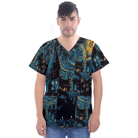 Hogwarts Castle Van Gogh Men s V-neck Scrub Top by Mog4mog4