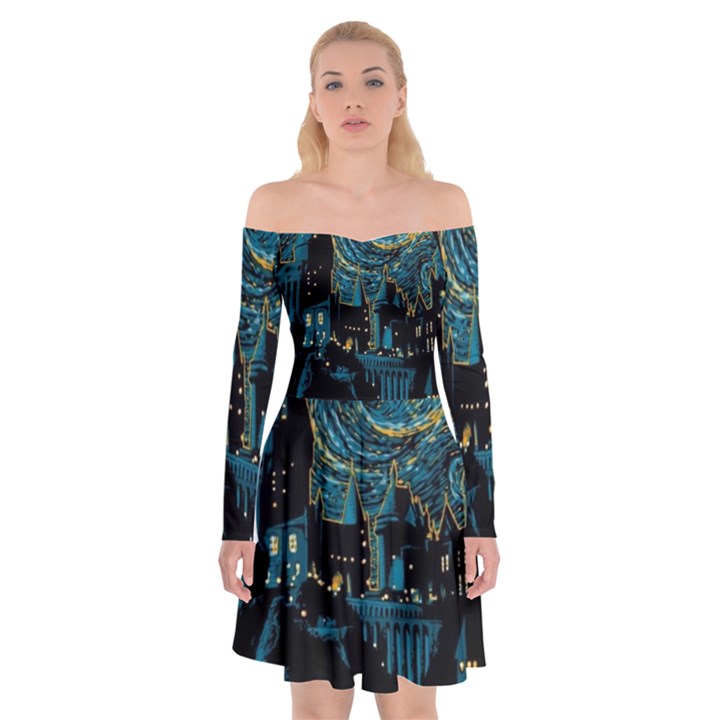 Hogwarts Castle Van Gogh Off Shoulder Skater Dress