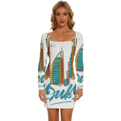 Burj Khalifa Skyline Clip Art Drawing Comic World Long Sleeve Square Neck Bodycon Velvet Dress by Mog4mog4