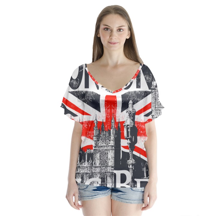 Big Ben City Of London V-Neck Flutter Sleeve Top