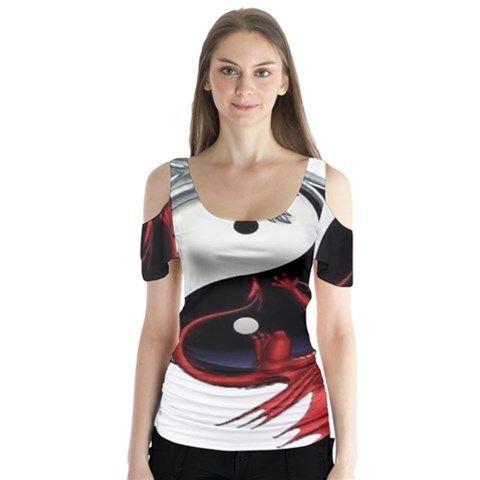 Yin And Yang Chinese Dragon Butterfly Sleeve Cutout Tee  by Mog4mog4