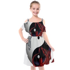 Yin And Yang Chinese Dragon Kids  Cut Out Shoulders Chiffon Dress by Mog4mog4