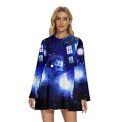 Tardis Background Space Round Neck Long Sleeve Bohemian Style Chiffon Mini Dress by Mog4mog4