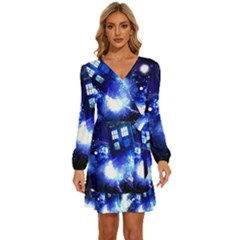 Tardis Background Space Long Sleeve Waist Tie Ruffle Velvet Dress by Mog4mog4