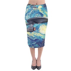 Star Starship The Starry Night Van Gogh Velvet Midi Pencil Skirt by Mog4mog4