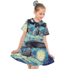 Star Starship The Starry Night Van Gogh Kids  Short Sleeve Shirt Dress by Mog4mog4