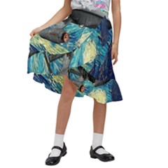 Star Starship The Starry Night Van Gogh Kids  Ruffle Flared Wrap Midi Skirt by Mog4mog4