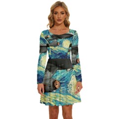 Star Starship The Starry Night Van Gogh Long Sleeve Wide Neck Velvet Dress by Mog4mog4