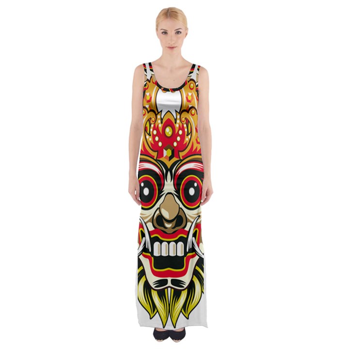 Bali Barong Mask Euclidean Vector Chiefs Face Thigh Split Maxi Dress