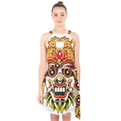 Bali Barong Mask Euclidean Vector Chiefs Face Halter Collar Waist Tie Chiffon Dress by Mog4mog4