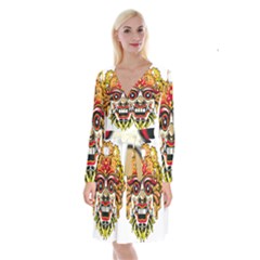 Bali Barong Mask Euclidean Vector Chiefs Face Long Sleeve Velvet Front Wrap Dress by Mog4mog4