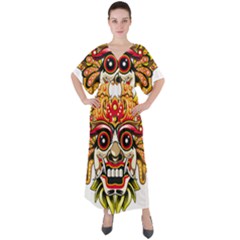 Bali Barong Mask Euclidean Vector Chiefs Face V-neck Boho Style Maxi Dress by Mog4mog4