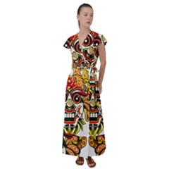 Bali Barong Mask Euclidean Vector Chiefs Face Flutter Sleeve Maxi Dress by Mog4mog4