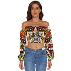 Bali Barong Mask Euclidean Vector Chiefs Face Long Sleeve Crinkled Weave Crop Top by Mog4mog4