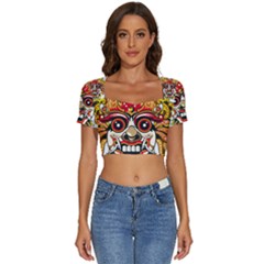 Bali Barong Mask Euclidean Vector Chiefs Face Short Sleeve Square Neckline Crop Top  by Mog4mog4