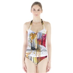 New York City Skyline Vector Illustration Halter Swimsuit by Mog4mog4