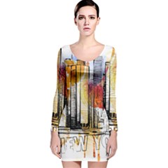 New York City Skyline Vector Illustration Long Sleeve Velvet Bodycon Dress by Mog4mog4