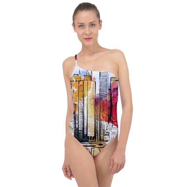 New York City Skyline Vector Illustration Classic One Shoulder Swimsuit